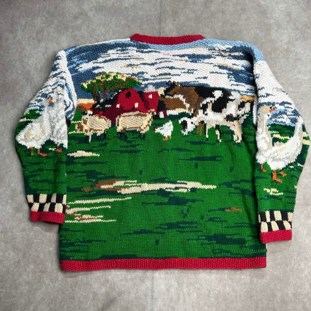 Susan Bristol Vintage 1995 Hand Knit Farm Animal Cardigan Sweater Womens Large - Picture 5 of 7